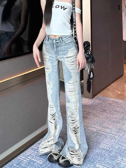 Summer Women Goblin Core Abi Grunge Cyber Punk Flare Jean Y2k Japanese Harajuku Low Rise Ripped Denim Pants 2000s Bell-Bottom