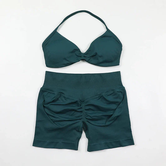 Scrunch Seamless Yoga Set Women Sportswear Ribbed Gym Shorts Strappy Sports Bra 2 Piece Set Halter Workout Clothes Fitness Suit