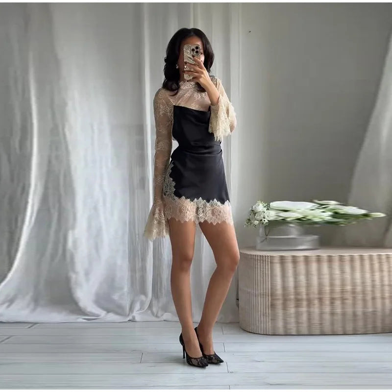 Elegant Lace Trim Satin Dress Women High Neck Color Block Full Sleeve Y2K Mini Dresses 2026 Spring Lady New Sexy Party Clubwear