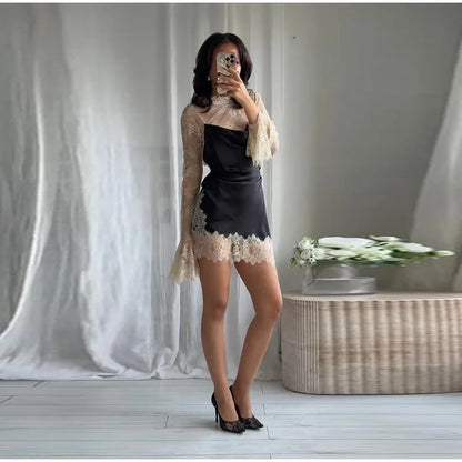 Elegant Lace Trim Satin Dress Women High Neck Color Block Full Sleeve Y2K Mini Dresses 2026 Spring Lady New Sexy Party Clubwear