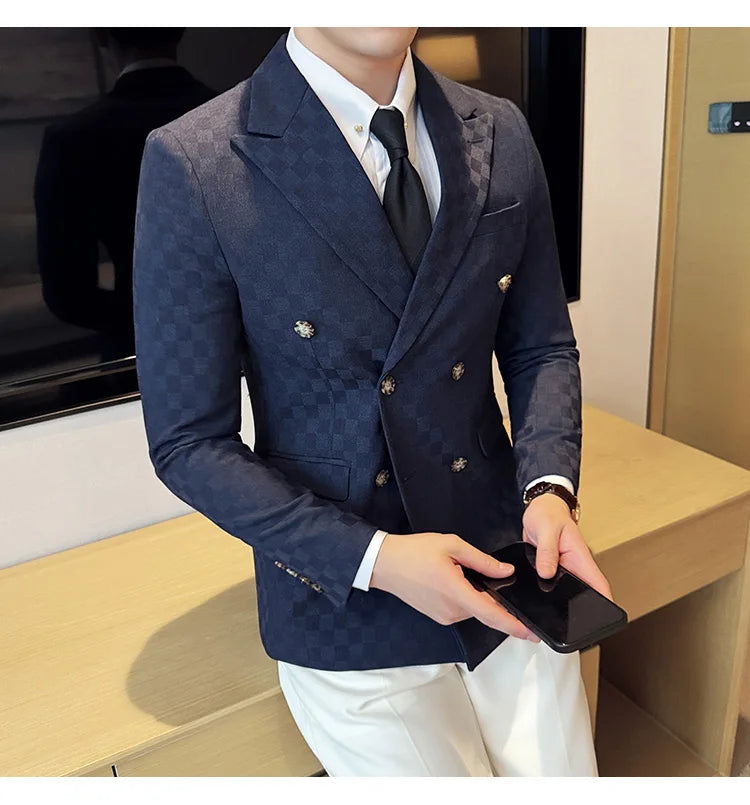6 Color Fashion Double Breasted Plaid Suit Jacket Luxury Men Slim Fit Business Social Wedding Formal Suit Coats Plus Size 5XL-M