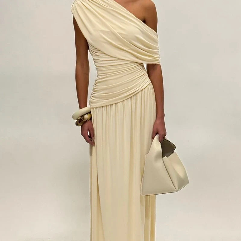 One Shoulder Ruched Sleeveless Solid Pleated Sexy Irregular Y2K Maxi Dress Summer Elegant Party Women Clothes Vacation