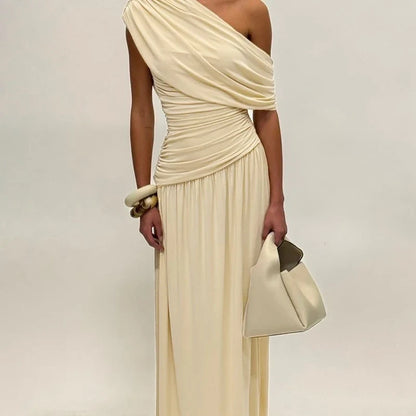One Shoulder Ruched Sleeveless Solid Pleated Sexy Irregular Y2K Maxi Dress Summer Elegant Party Women Clothes Vacation