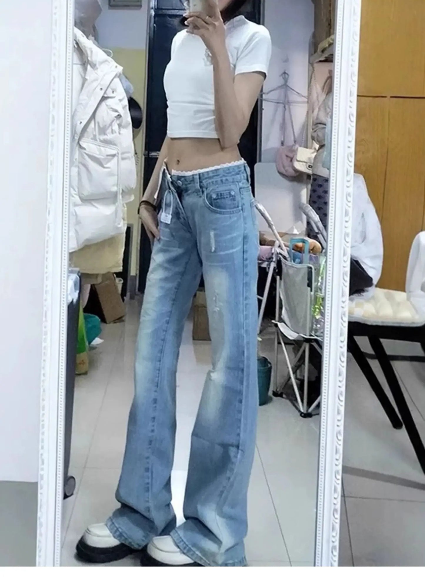 plus Size High Waist Blue Denim Jeans Women's Straight Leg Bootcut Pants Spring Summer Faion Retro American Sle