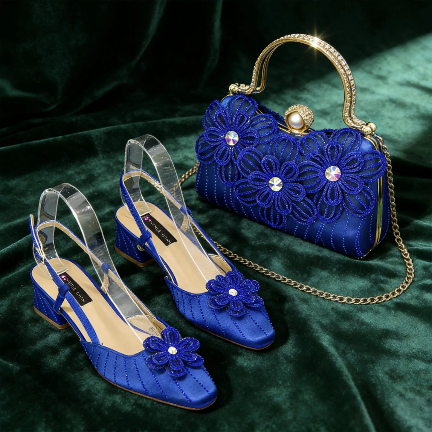 Party Shoes and Bag Ladies Heel Decoration Pure Elegant Flower Wedding Shoes and Bag Full Rhinestone Fashion Handbag
