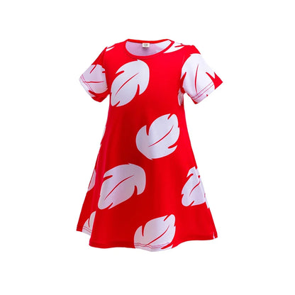 Costume Girl Cosplay Red Dress Short Sleeve Pajamas Hawaiian Printed Dress Summer Beach Outfit + Stitch Doll Set