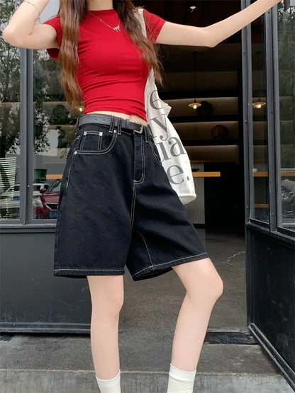 High-Waisted Straight-Leg Jeans Shorts for Women Summer New Style Slimming Black Five-Point Loose Wide-Leg Mid-Length Y2K Shorts