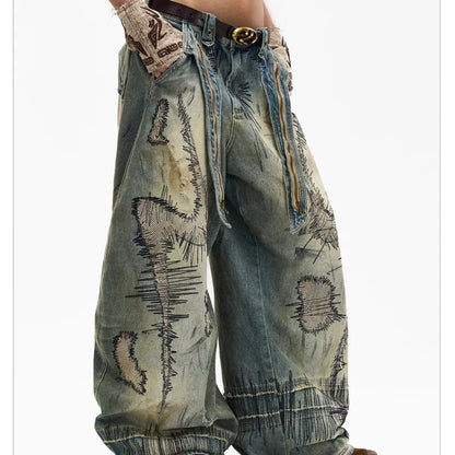 American New Fashion Men's Blue Casual Trendy Daily Loose Wide Leg Hole Patched Embroideried Denim Trousers Male Jeans Pants