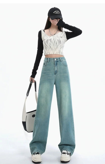 Women Comfortable Thin Denim Pants New Female Vintage Mid Waisted Jeans Pants Girls Smile Edition Straight Leg Jeans Trousers