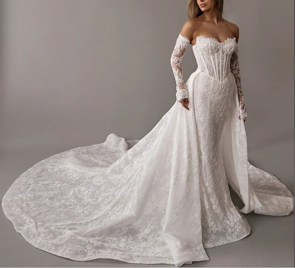 Customize Made Beauty Lace Fitted Beaded 2 In 1 Mermaid Wedding Gowns Trumpet Removable Train Bridal Gowns