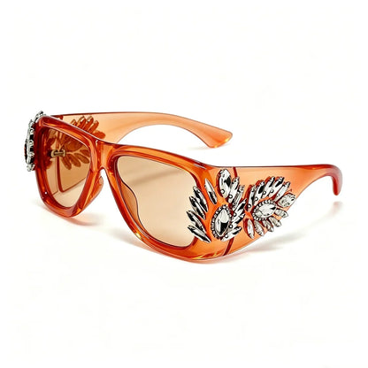 Women Oversized Square Cat Eye Sunglasses Luxury Rhinestone Floral Side Decor UV400 Thick Frame Shades for Party Nightclub