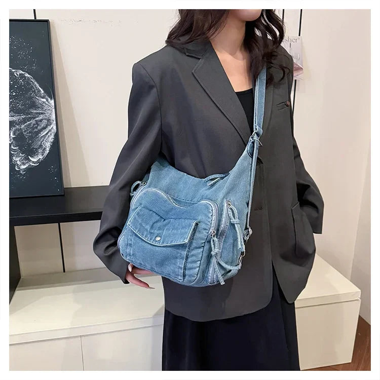 Solid Color Denim Trendy Shoulder Bag for 2025 High Quality Fashion Zipper Large Capacity Versatile Women's Crossbody Bag