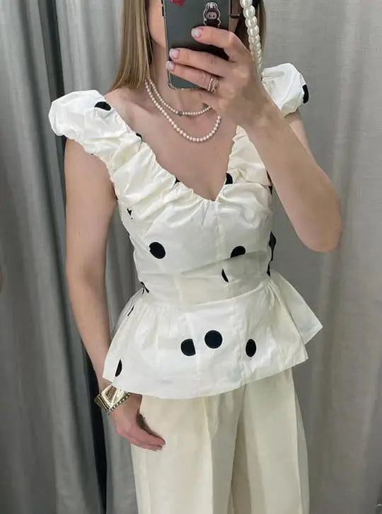 Retro Polka Dot Mini A-line Dress Elegant Stand Collar Puff Short Sleeve Waist-cinching Dresses 2026 New Lady Party Gowns