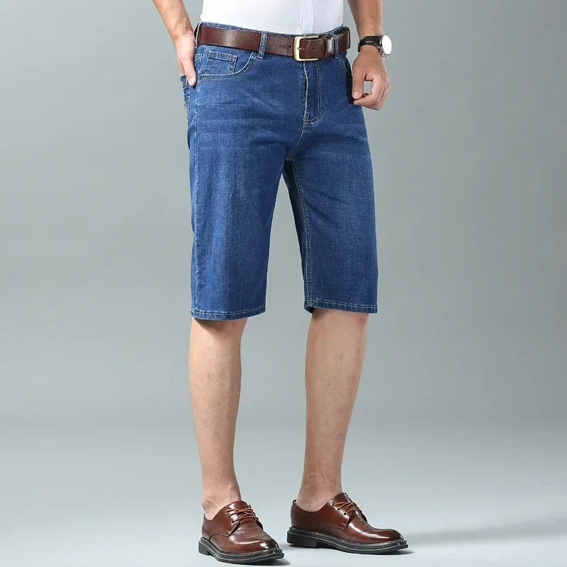 New Summer Men's Denim Shorts Fashion Light Color Casual Loose Multi-pocket Straight Five-minute Pants Elastic Knee Shorts