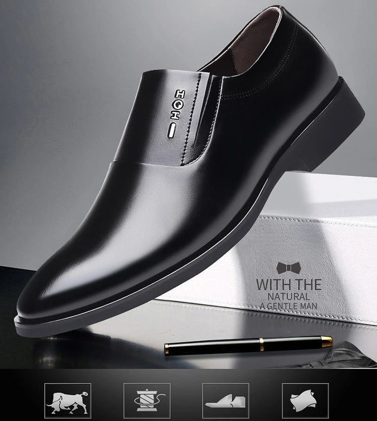2026 New Men's Leather Slip-On Dress Shoes Formal Business Casual Loafers Male Fashion Non-slip Office Wedding Shoes Man