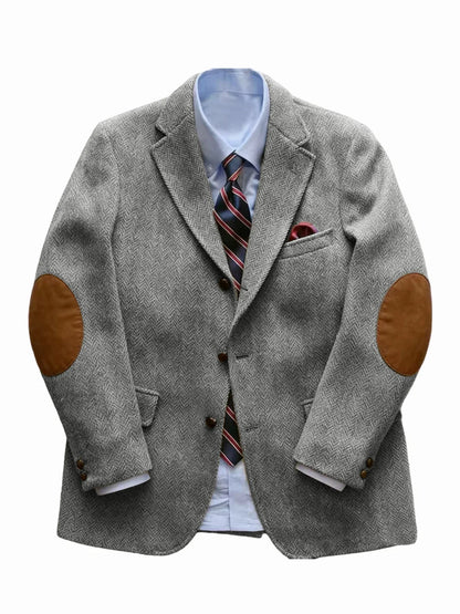 Men's Vintage Herringbone Tweed Blazer With Elbow Patch 2 Button Single Breasted Cotton Casual Slim Fit Business Jacket XS-7XL