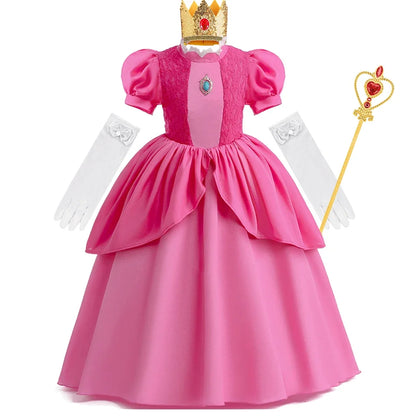 Cosplay Peach Costume for Girl Summer Bubble Sleeve Princess Elegant Dress Kids Halloween Christmas Party Dress Children Clothes