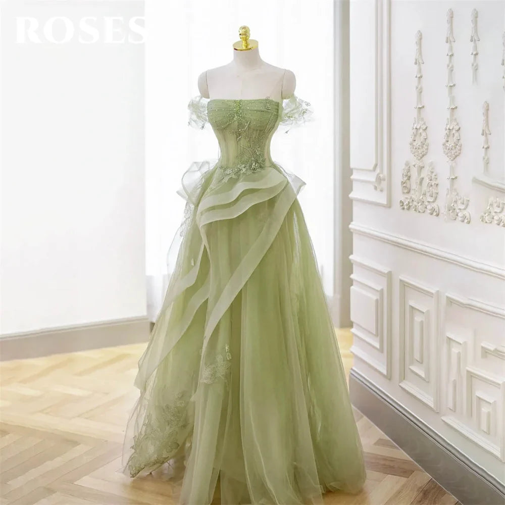 Sage Green Prom Dress Appliques Tulle Celebrity Dresses Tiered Pleat Women's Evening Dress Sweetheart Formal Gown 프롬 드