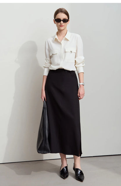 Minimalist Autumn New Commuter Asymmetrical Oblique Placket Split Skirt Non Ironing Anti Wrinkle A Shape Skirt 12551003