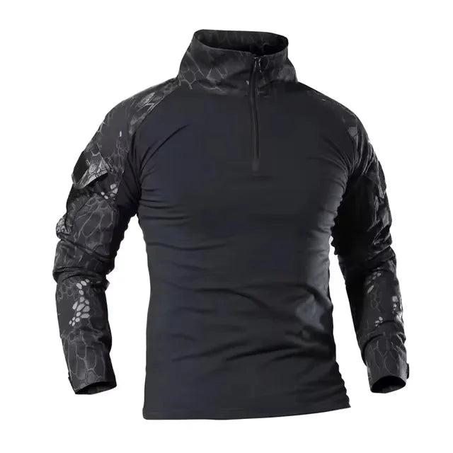Men's Long Sleeve Combat Shirt Zipper Ripstop Cotton Tactical Shirts Navy Blue Camoufalge Airsoft T Shirts