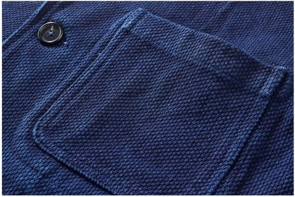 Heavy Weight Indigo Jacket Men Autumn Winter Vintage Workwear Tooling Jacket Blue Dyed Kendo Fabric Multi-pocket Cardgian Coat