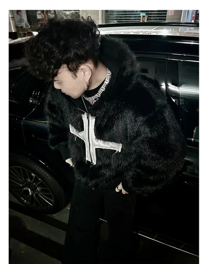 Winter Short Cool Warm Soft Hairy Faux Fur Coat Men with Hood Rivet Luxury Designer Punk Style Clothes Fluffy Jacket