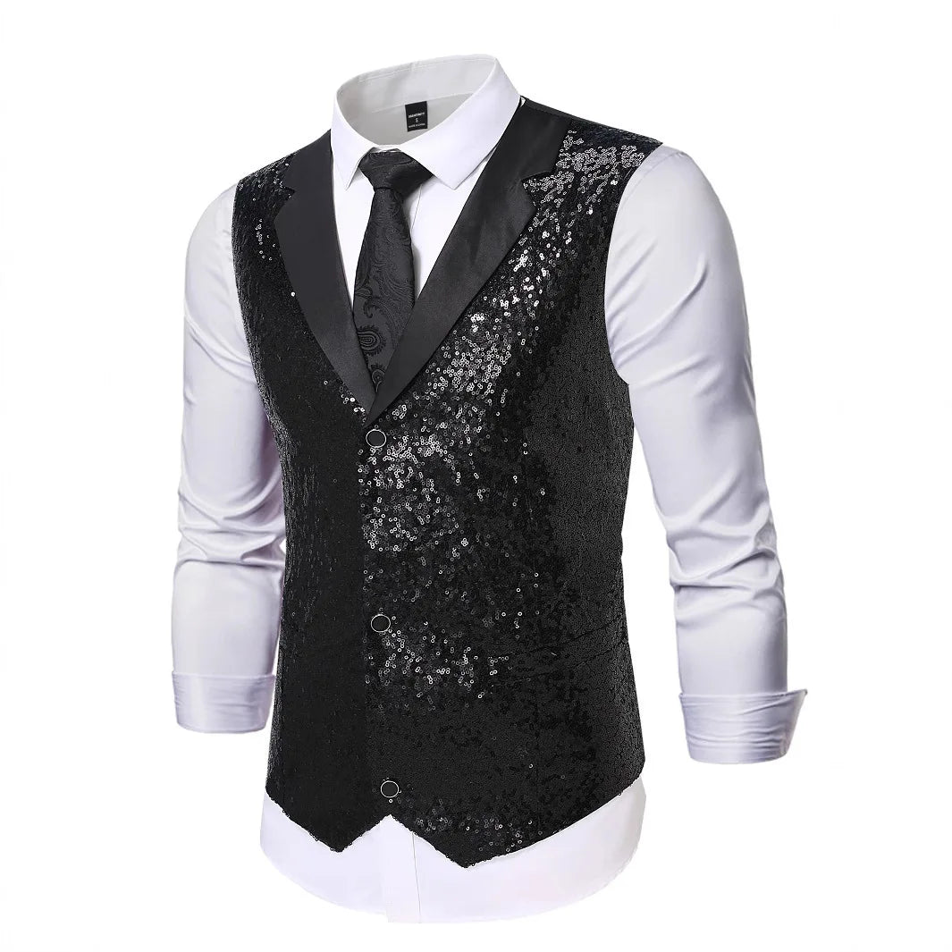 2026 New Black Men's Shiny Sequin Suit Collar Sleeveless Vest, Wedding/Party/Stage Performance, Gold or Silver Optional