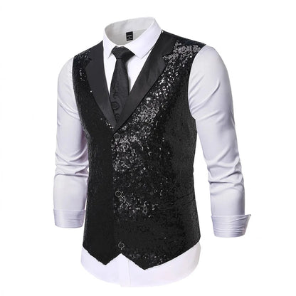 2026 New Black Men's Shiny Sequin Suit Collar Sleeveless Vest, Wedding/Party/Stage Performance, Gold or Silver Optional