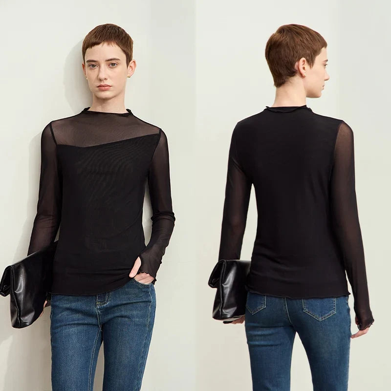 Minimalism Mesh T-shirts For Women 2025 Autumn New Office Lady Half-high Neck Micro Perspective Slim Retro Shirt 12423055