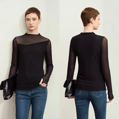 Minimalism Mesh T-shirts For Women 2025 Autumn New Office Lady Half-high Neck Micro Perspective Slim Retro Shirt 12423055