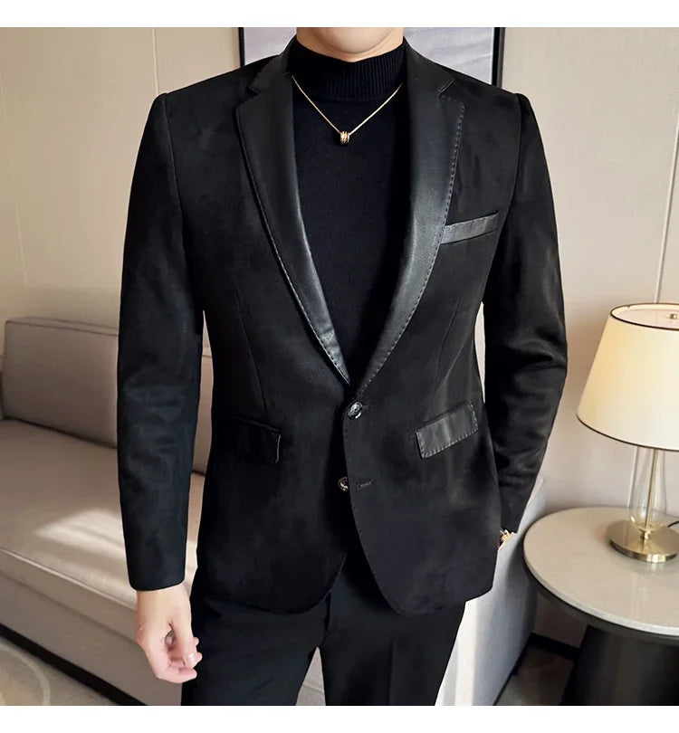 High Quality Deerskin Velvet Splicing Leather Collar Suit Blazers Men Casual Business Slim Coats Mens Social Wedding Clothing