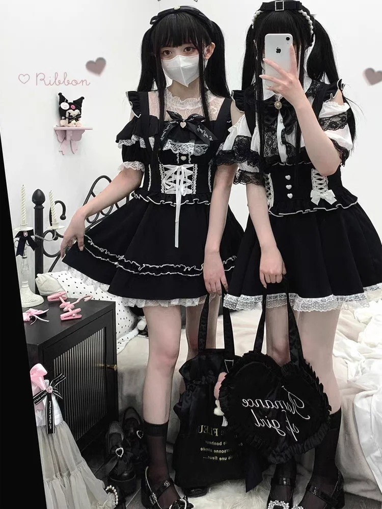Summer Lolita Ribbon Tatt Lace Overall Skirt Women Subculture Japanese Jirai Kei Mine Style Y2k 2000s Casual Girly Belt Pinafore