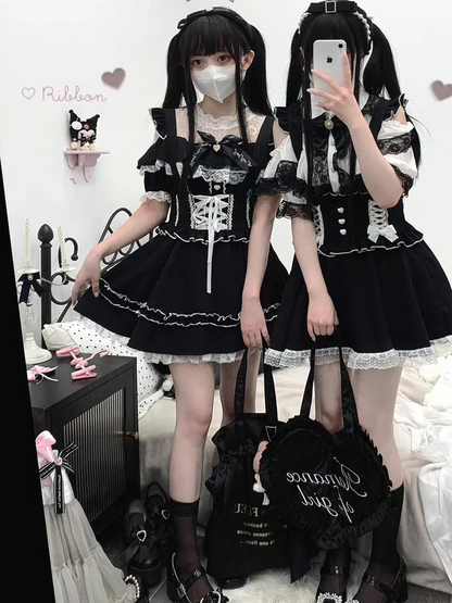 Summer Lolita Ribbon Tatt Lace Overall Skirt Women Subculture Japanese Jirai Kei Mine Style Y2k 2000s Casual Girly Belt Pinafore