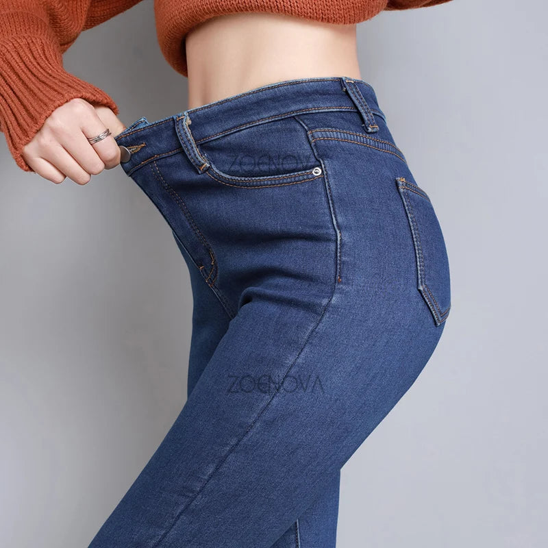 New Women Thick Velvet Jeans Fleece Warm Korean Fashion High Waist Skinny Elastic Pants Jean Casual Legging Winter 2023