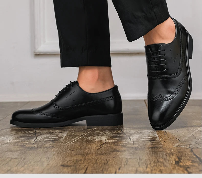 Men's Black Brogue Oxford Shoes Formal Dress Shoes for Business Wedding Red Sole Comfortable Lace-up Footwear