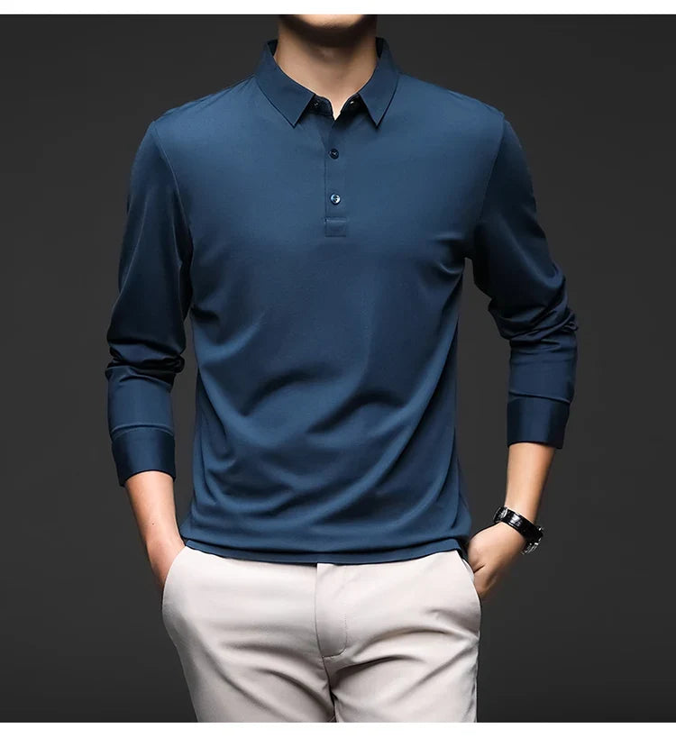 Mulberry Silk Men's Polo Shirts Luxury Long Sleeve Solid Color Golf Male T-shirts Spring Autumn Business Casual Man Tees