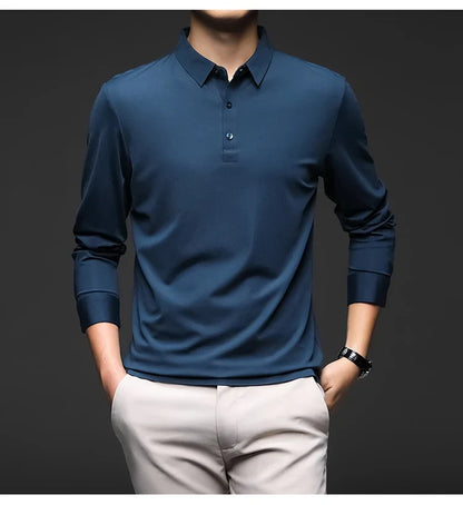 Mulberry Silk Men's Polo Shirts Luxury Long Sleeve Solid Color Golf Male T-shirts Spring Autumn Business Casual Man Tees