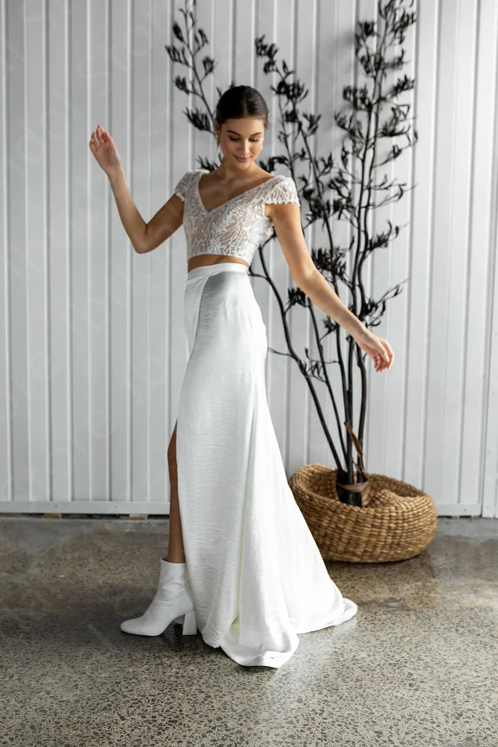 Customized Summer Wedding Dress Two Pieces Bridal Gowns Boho Lace Bride Dresses Cap Sleeves Wedding Gowns Side Slit Back Out
