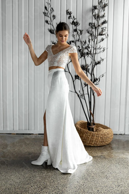 Customized Summer Wedding Dress Two Pieces Bridal Gowns Boho Lace Bride Dresses Cap Sleeves Wedding Gowns Side Slit Back Out