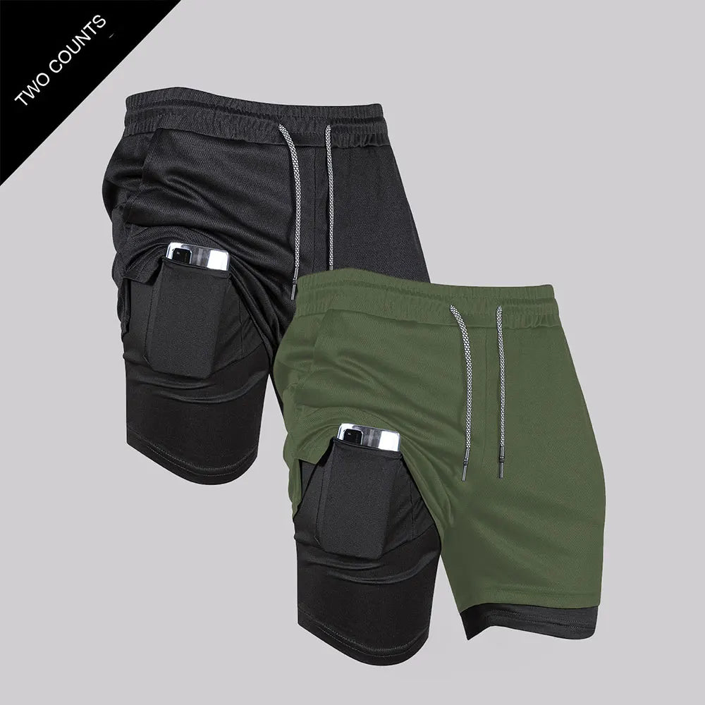 Men's Double Layer Fitness Shorts Men Fitness Gym Training 2 in 1 Sports Shorts Quick Dry Workout Jogging Double Deck Summer