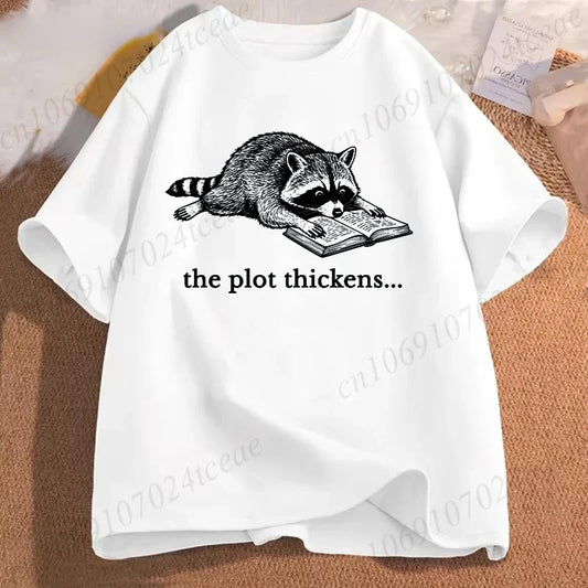 Bookish Raccoon Graphic T-Shirt Literary Book Lover Animal Tee Unisex Men Women Short Sleeve Casual Vintage Daily Fashion Tops