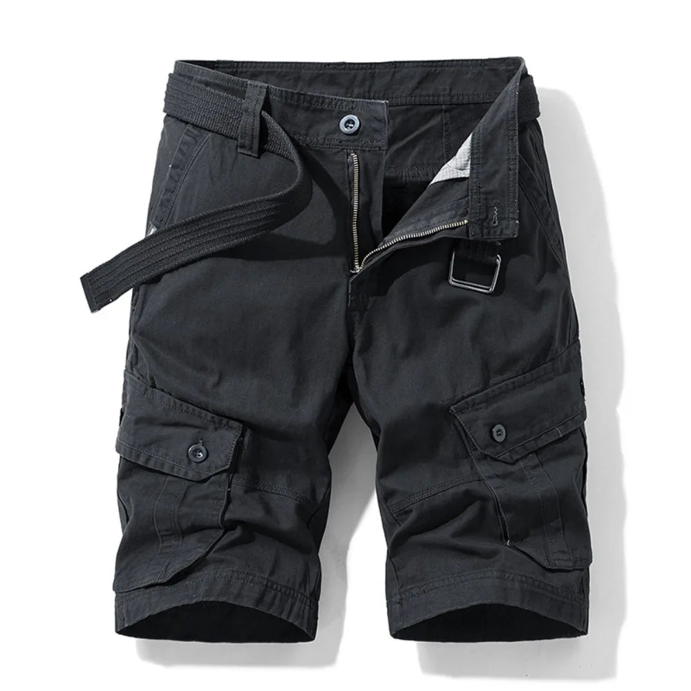Summer Cargo Shorts Men's Pure Cotton Vintage Washed Multi Pocket Casual Straight Leg Trendy Knee Length Pants Streetwear