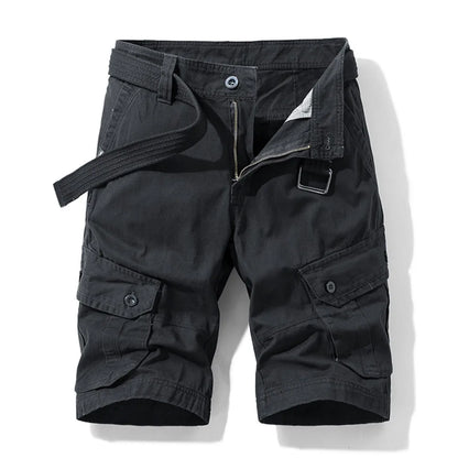 Summer Cargo Shorts Men's Pure Cotton Vintage Washed Multi Pocket Casual Straight Leg Trendy Knee Length Pants Streetwear