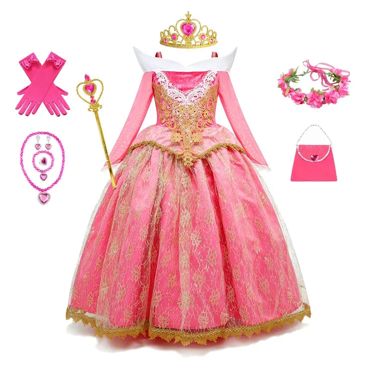 Girls Sleeping Beauty Aurora Princess Halloween Cosplay Dress Off Shoulder Kids Gift Carnival Party Fancy Princess Clothing