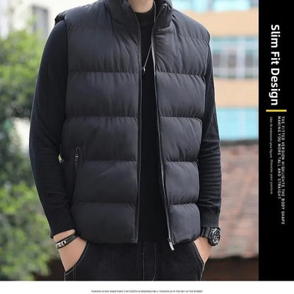 Men's down Vest Thickened Casual Style Stand Collar Jacket Autumn Winter New Fashion Youth Active Fit Zipper Pocket Daily Wear