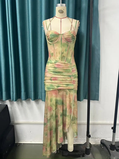 Sexy Sleeveless Floral Print Long Dresses Fashion Women Split Spaghetti Strap Summer Bodycon Casual Beach Evening Party Vestidos