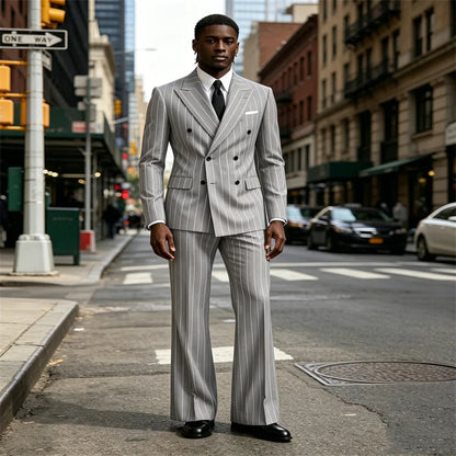 Men's 2 Piece Suit Pinstripe Double Breasted Peak Lapel Slim Fit Flared Pants Wedding Prom Business Formal Parties Chic Outfit