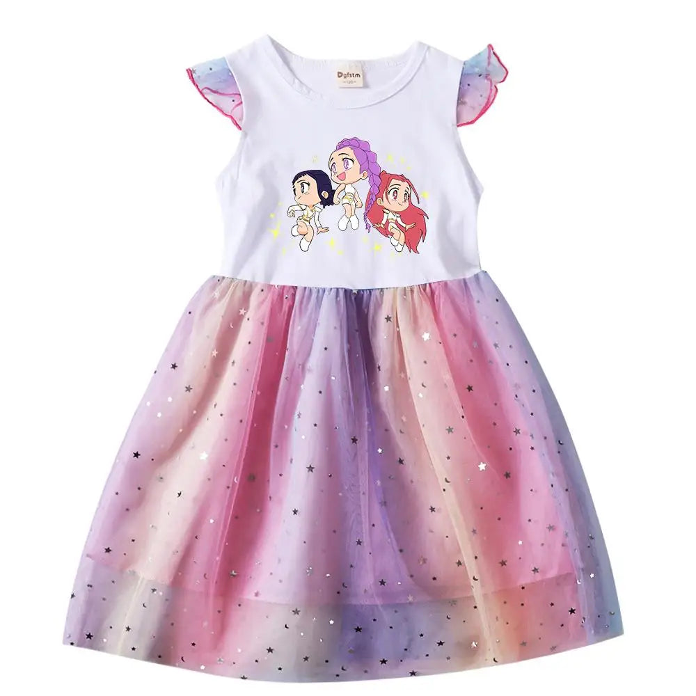 K-Pop Hunters Rumi Baby Girls Dress Children Cartoon Mesh Star Sequins Princess Dress Kids Flying Sleeve Skirt For Birthday Gift