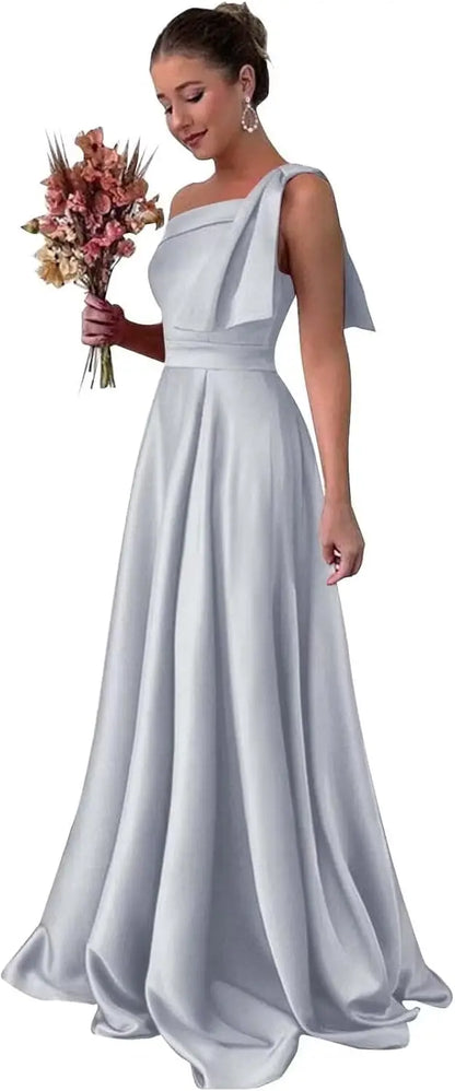 One Shoulder Large Bow Bridesmaid Dress with Pleated Satin and Pockets Simple ,Stylish Ball Dressadies' Guest One Shoulder Dress