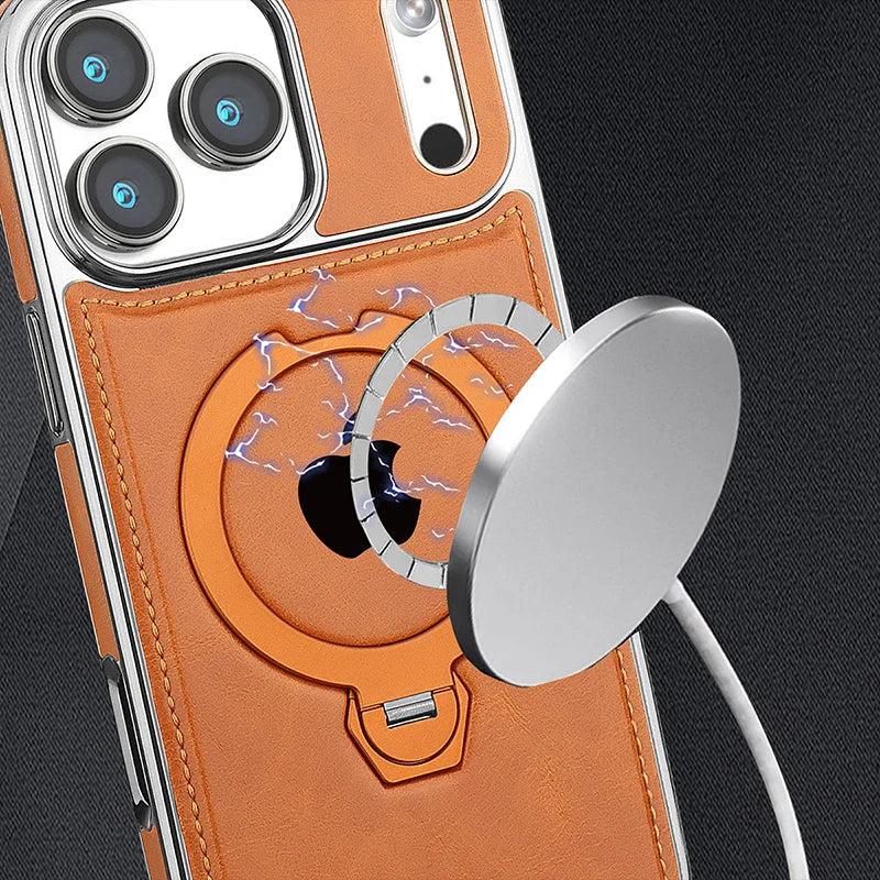 Magnetic Rotat Bracket Luxury Leather Phone Case,For iPhone 11 12 13 14 15 16 17 Pro Max Plus Wireless Charging Shockproof Cover